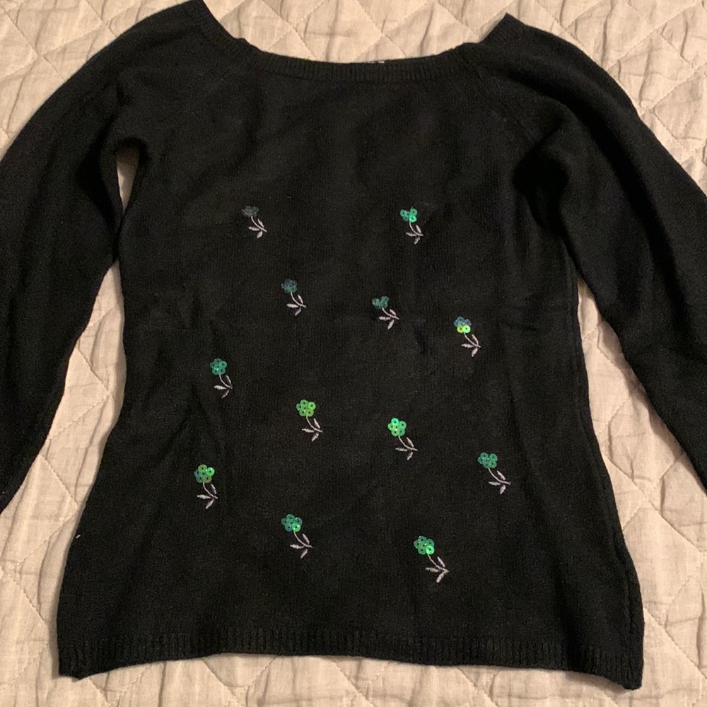 Embellished sweater from Italy, black with green iridescent sequin detail